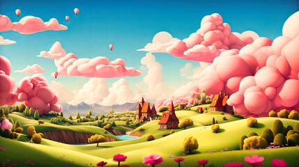 Immerse yourself in a fairy tale landscape with this colorful illustration. A whimsical city on a hill creates a magical setting for an enchanting story.