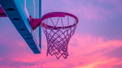 A depiction of a basketball and hoop silhouette in pastel violet against a serene sky blue background,