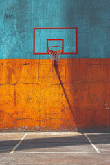 A minimalist scene of a basketball hoop casting a long, dramatic shadow in a pastel shade across a stark surface,