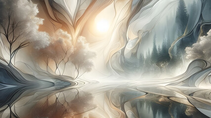 An abstract painting of a forest with trees and water