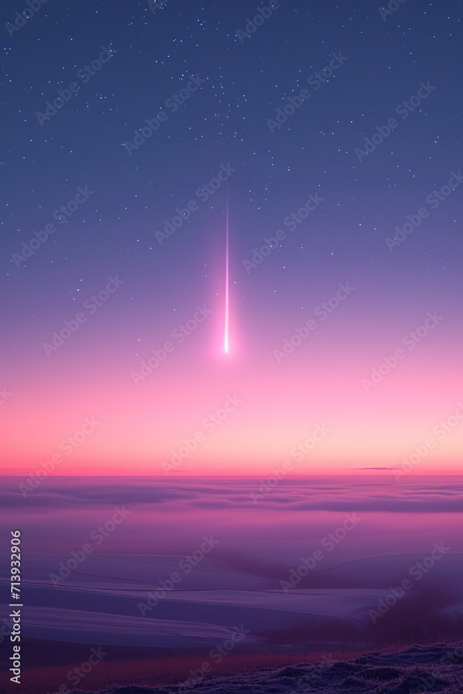Poster a depiction of a minimalist shooting star in soft pastel shades, gently arcing across a plain backgr