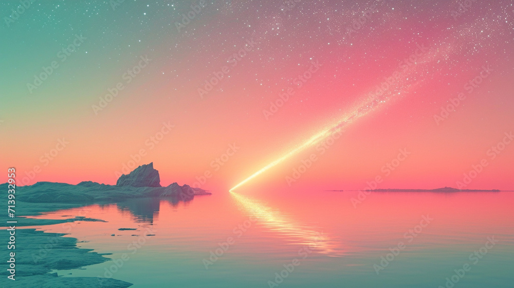 Aufkleber a minimalist portrayal of a pastel-colored comet on a reflective surface, creating a dual-image effe