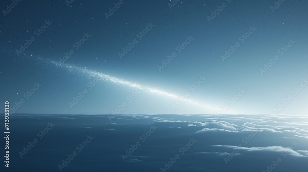 Poster a minimalist scene with a comet casting multiple shadows, suggesting various potential directions,