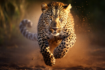 Leopard hunting in savannah running powerfully, dust flying.