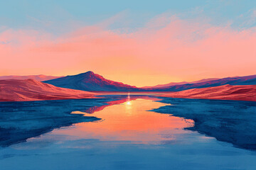 Fototapeta premium An illustration of a calm, pastel-colored landscape with a single line denoting a volcanic burst,