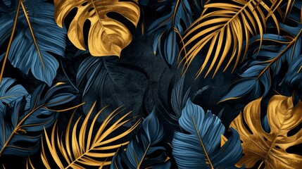 Gold and blue tropical leaves on a black background