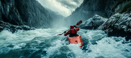 A fearless adventurer navigates through treacherous rapids and a stunning waterfall on their kayak in the breathtaking mountain river, surrounded by the serene beauty of nature and equipped with a li - obrazy, fototapety, plakaty