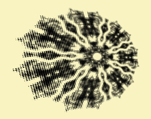 A mottled halftone mandala with radial curved rays rushes forward. Vector. - obrazy, fototapety, plakaty