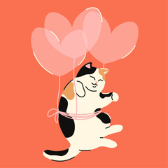 Cute card for Valentine's day. A plump cat with black and red spots flies on pink heart-shaped balloons. Retro postcard in pastel colors in the form of flat art