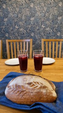 Handmade bread on a table in a kitchen room