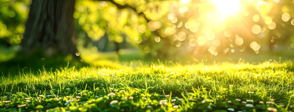 Amidst the verdant grass and blooming flowers, the sun's warm rays dance through the leaves of a solitary tree, enveloping the tranquil outdoor scene in a luminous spring embrace