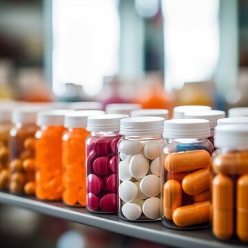 An up - close shot of pill bottles and capsules in varying colors and sizes neatly arranged on a pharmacy shelf. Camera Setting