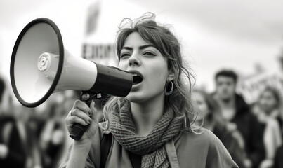 Passionate female activist voicing concerns through a megaphone during a protest march for workers' rights and environmental issues in an urban setting