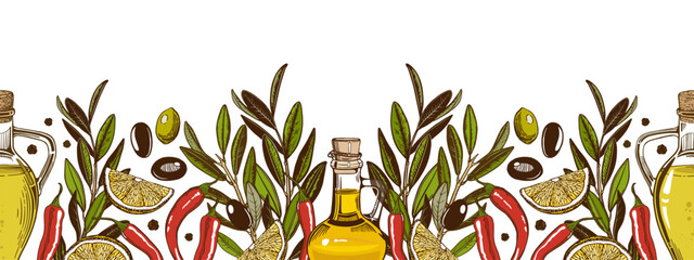 A horizontal border with olive branches, bottles of oil, red hot pepper. Isolated on a white background.