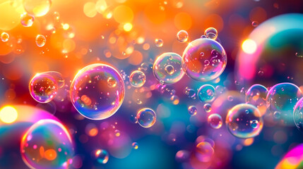 Vibrant soap bubbles floating in a colorful universe, reflecting light and creating a playful and magical atmosphere, symbolizing joy and ephemeral beauty - obrazy, fototapety, plakaty
