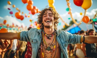 Poster Joyful young man with curly hair celebrating at a festival, arms outstretched, surrounded by balloons and a happy crowd under the open sky © Bartek