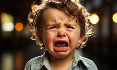 Portrait of a distraught toddler crying intensely with tears streaming down cheeks, showing expressions of genuine upset and discomfort - obrazy, fototapety, plakaty