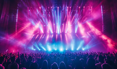 Energetic crowd enjoying a live concert with vibrant pink and blue stage lights at a music...
