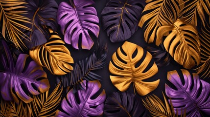 Gold and purple tropical leaves on a black background