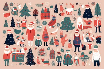 Big Christmas decorative set with funny Santa Claus, nutcracker, gift boxes and many others. Big Christmas collection in Scandinavian style with traditional Christmas and New Year, Generative AI 