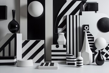 Geometric shapes, black and white, striped patterns, various forms.