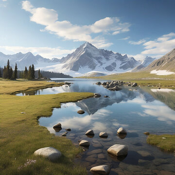 A lake surrounded by mountains, reflecting the peaks in the water ai generated photo