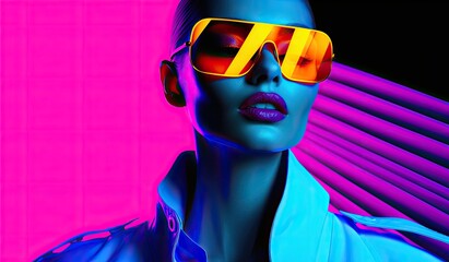 A model's portrait set against a neon pink and blue background, embodying a futuristic fashion aesthetic.