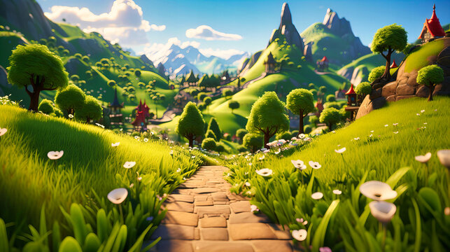 Immerse yourself in the beauty of a cartoon landscape. The colorful scenery, charming house, and fantastical elements evoke a sense of wonder and joy.