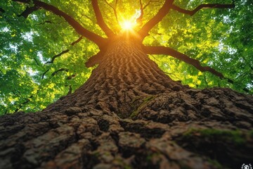 sunlight shines through branches on a green tree - obrazy, fototapety, plakaty