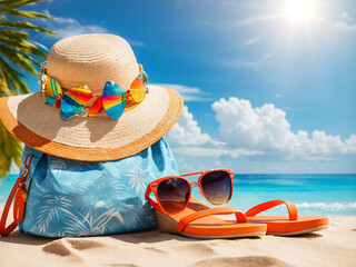 Concept summer holiday. Accessories - bag, straw hat, sunglasses with palm tree reflection, pareo, flip-flops on a sandy beach against the ocean, blue sky, clouds and bright sun. Beautiful colourful.