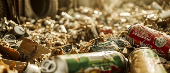 A discarded heap of mangled aluminum and tin containers, once filled with refreshing beverages, now litter the outdoor space, a sad reminder of our wasteful consumption - obrazy, fototapety, plakaty