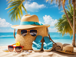 Fototapeta na wymiar Concept summer holiday. Accessories - bag, straw hat, sunglasses with palm tree reflection, pareo, flip-flops on a sandy beach against the ocean, blue sky, clouds and bright sun. Beautiful colourful.