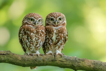 pair of owls perched on a tree branch