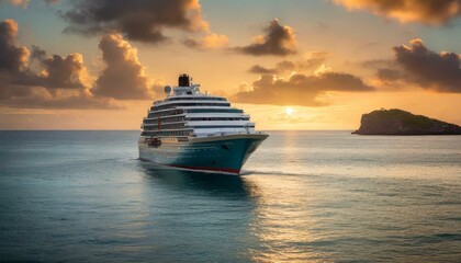 Cruise Ship Sailing Serenely at Sunset on Calm Ocean Waters