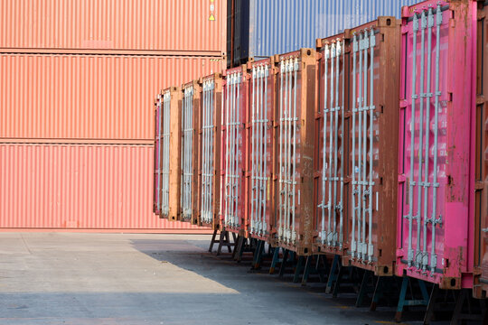 container wall Multi-colored containers isolated on white Container warehouses lined up in rows Containers for automotive or sea transport