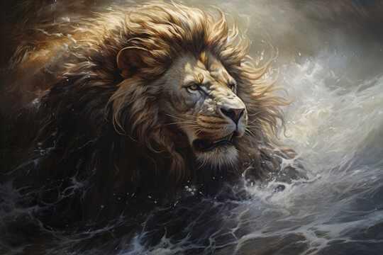 Noble lion in brown color among water