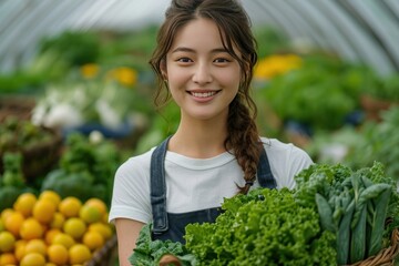 A smiling Japanese woman with a basket of vegetables - obrazy, fototapety, plakaty