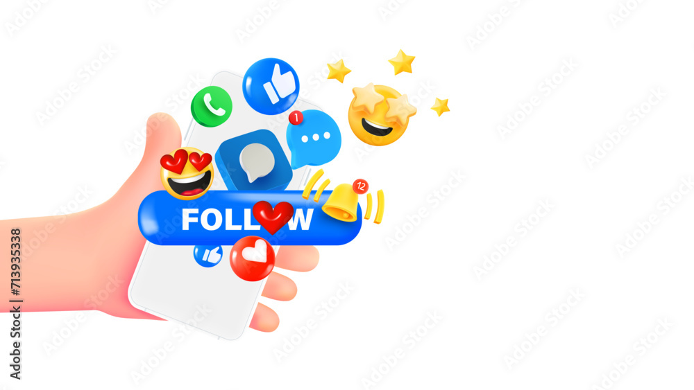 Poster man holding smartphone with emojis. 3d banner with copy space