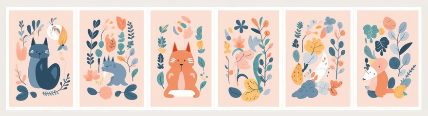 Spring floral posters with abstract shapes, flowers and animals. Baby animals posters. Fabric pattern.  illustration with cute animals. Nursery baby prints, Generative AI  - obrazy, fototapety, plakaty
