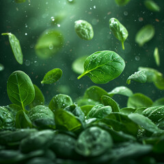 Fresh spinach falling in studio 