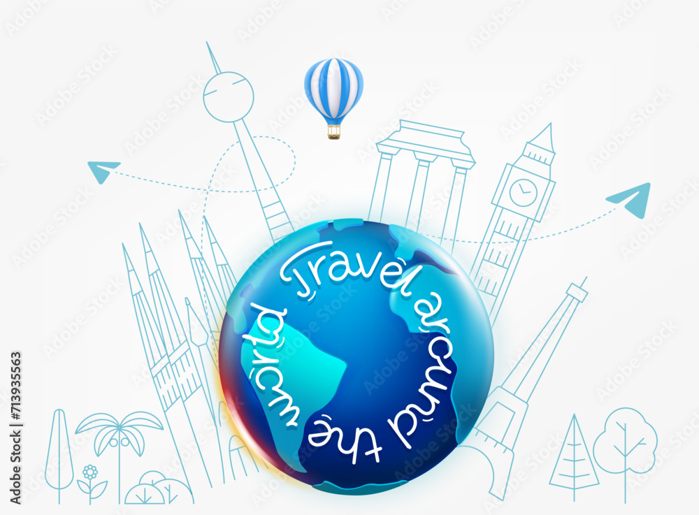 Aufkleber the earth with different travel elements vector illustration. travel around the world concept with l