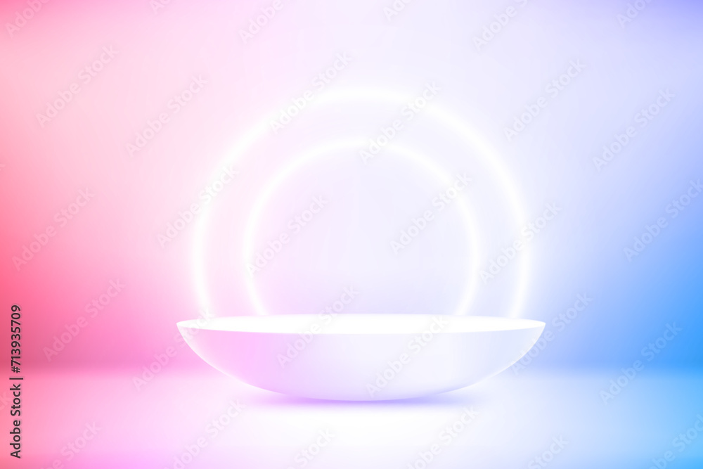 Poster empty studio with neon glow and podium. vector 3d illustration