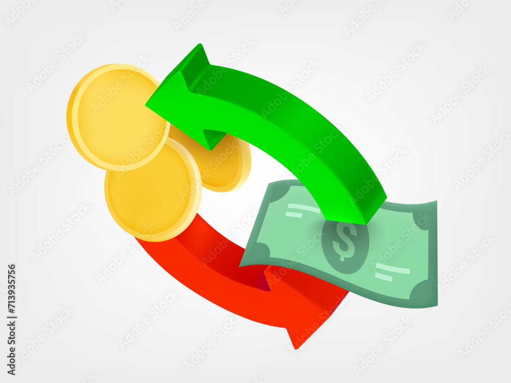 Poster Two arrows in the circle with banknote and coins. Cashback concept. 3d vector icons isolated on white background