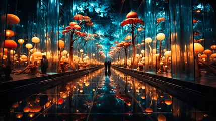 Poster Paysage fantastique Embark on a mystical journey through this enchanting forest illustration. The dark, mysterious atmosphere, illuminated path, and vibrant blue hues evoke a sense of fantasy and adventure.