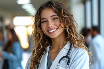 A smiling American woman doctor with the background is a university hospital