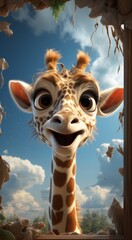 A surprised young giraffe looks out the window against a background of blue sky
