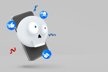 Modern smartphone with halloween skull emoji social media icons. 3d vector banner with copy space