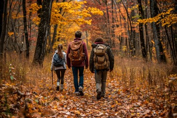 Obraz premium A diverse group of hikers clad in warm fall clothing stands among the towering deciduous trees of the woodland, surrounded by vibrant autumn leaves and lush green grass, immersed in the beauty of nat