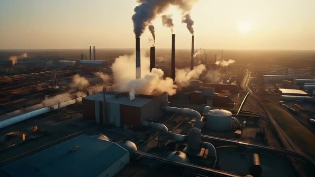 Industrial area. Heavy air pollution. Aerial video of production industry with fuming pipes. AI generated loop