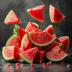 Fresh juicy watermelon falling in studio light